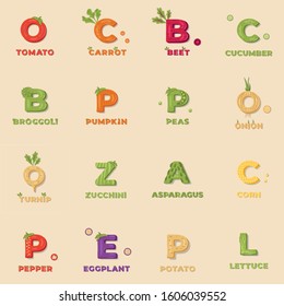 Set of posters with lettering icons of vegetables. Vector illustration.