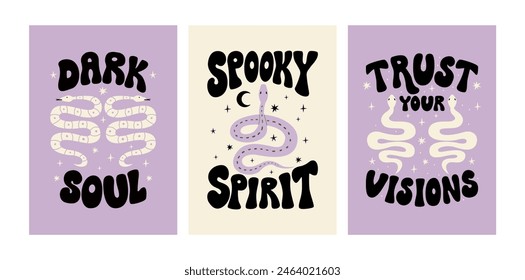 Conjunto de carteles con citas y serpientes. Vector ilustración plana de serpientes. Diseño místico esotérico de Halloween. Alma oscura, espíritu tenebroso, confía en tus visiones frases dibujadas a mano