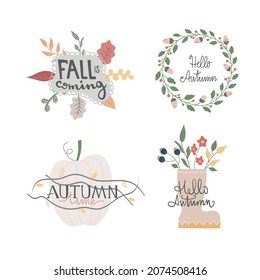 Set of posters with lettering Welcome Autumn, Fall is coming, falling leaves, acorns, flowers, floral elements. Harvest time, party. Vector hand drawn illustration