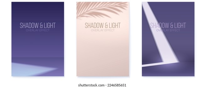 Set of posters with light of spotlight and shadows. Minimalistic covers. Scene for product display. Vector poster.