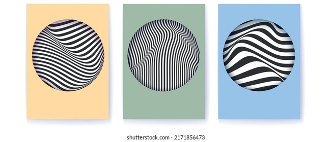 Set of posters with line art. Abstract pattern with banded black and white lines. Vector background. 3d illustration