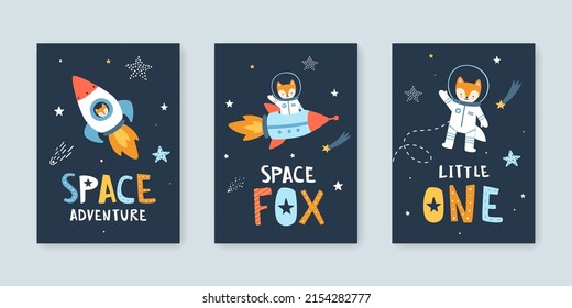 Set of posters with little fox astronaut in the space. Cute collection of cosmic vector prints with animal cosmonaut. 