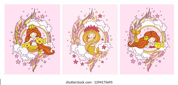 Set of posters with little sweet mermaids and fish. Siren, surrounded by pink seaweed, clouds and starfish. Vector illustration.
