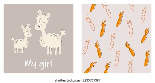 A set of posters with llamas and a pattern with carrots. Children's print. Design in hand drawn style. Vector stock illustration. isolated. Animals