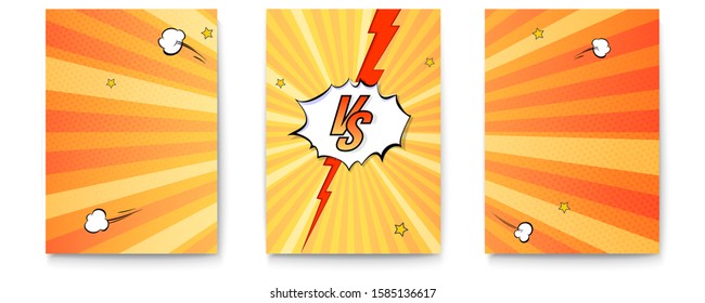 Set of posters with logo of versus on expressive background in comic book style. Letters VS on explosions bubbles and rays. Vintage pop art banner for challenge or contest. Vector poster for superhero