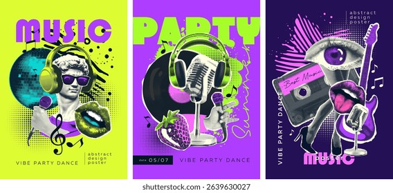 set of posters made of newspaper paper stickers in halftone tones, on the theme of music, disco, karaoke, retro parties. Headphones, a statue, a hand with a microphone, a disco ball, lips, vinyl, a ca