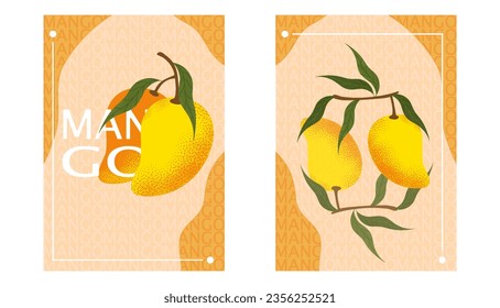 Set of posters with mango. Dessert anddelicacy for summer season. Fruits with vitamins, healthy eating. Cover or banner for website. Cartoon flat vector collection isolated on white background