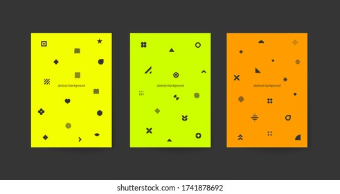 Set of posters in Memphis style. Template for flyer, cover of brochure or booklets. Trendy banners, abstract prints with geometric shapes