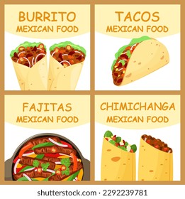 A set of posters with Mexican food. Latin American cuisine.
