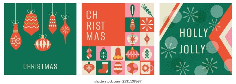 Set of posters. Minimal banners. Christmas and New Year. 2025. Year  snake. Mosaic. Neo geometric modern trendy design. Collection. Hand drawn. Doodle.  Elements, shapes, frames. Xmas. Cut out. Simple