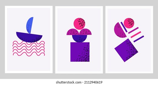 set of posters with minimal geometric design, vector template with elements of different shapes with textures, modern design style