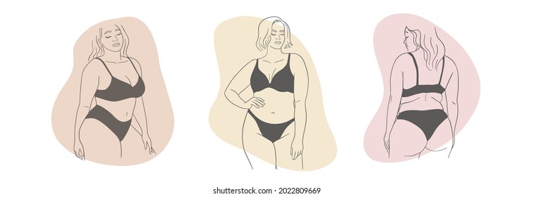 Set of posters with minimalistic female figures. Linear female plus size bodies in lingerie or swimsuit. Modern line art style. Vector illustration. 