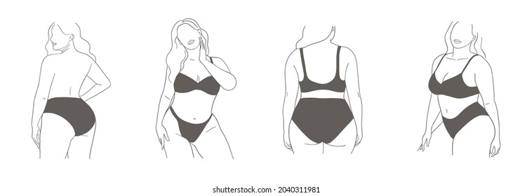 Set of posters with minimalistic female figures. Linear female plus size bodies in lingerie or swimsuit. Faceless portraits. Modern line art style. Vector illustration. 