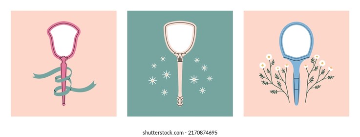 Set of posters. Mirror with a handle, beautiful frame shape. Compositions with flowers, ribbon and stars.
Print, template, postcard design. Antique, vintage style. Hand drawn vector illustrations