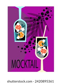 Set posters mocktail bar menu. Mocktail with orange. Non-alcoholic cocktail with citrus fruits and mint. Beach kitchen. Cool summer drinks. Vector illustration in the flat style.