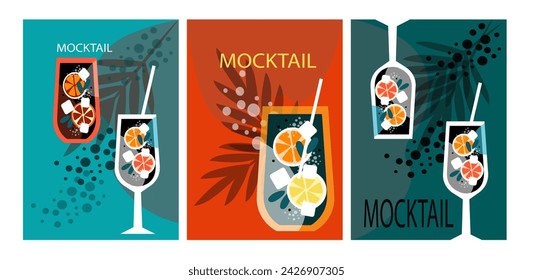 Set posters mocktail bar menu. Mocktail with orange. Non-alcoholic cocktail with citrus fruits and mint. Beach kitchen. Cool summer drinks. Vector illustration in the flat style.