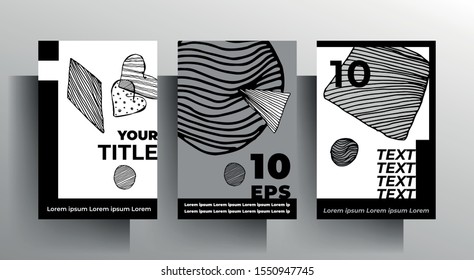 A set of posters. Modern monochrome design with hand-drawn graphic elements. EPS 10 vector.