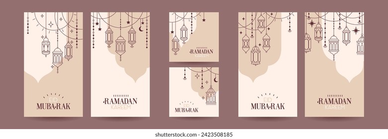 Eine Reihe von Plakaten mit Moschee, Laternen und einem Halbmond im flachen Stil. Ramadan Mubarak. Linienstil, elegantes und modernes Design, Minimalismus. Vektorgrafik