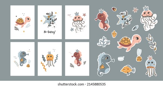 Set of posters with motivational phrases. Stickers with sea animals