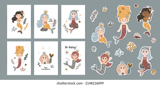 Set of posters with motivational phrases, stickers with mermaids
