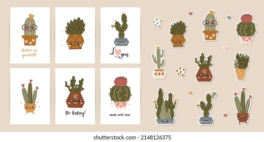 Set of posters with motivational phrases, stickers with cute cacti