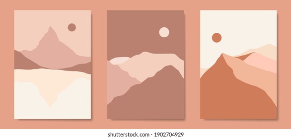 Set of posters with mountain landscape concept and pastel colors. Plant leaves, Great design for social media, prints, wall decoration. Vector illustration