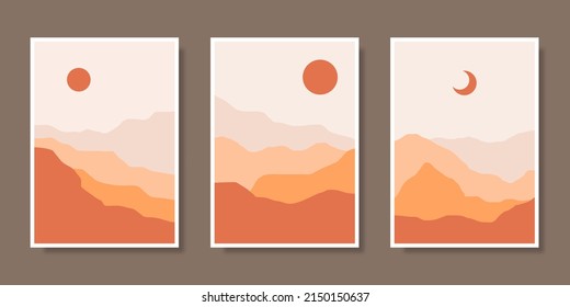 Set of posters with mountain landscape concept and pastel colors. Plant leaves, Great design for social media, prints, wall decoration. Vector illustration