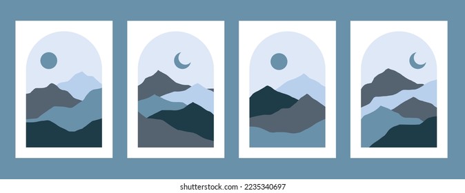 Set of posters with mountain landscape concept and pastel colors. Great design for social media, prints, wall decoration. Vector illustration