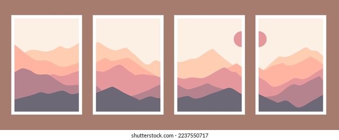 Set of posters with mountain landscape concept and pastel colors. Great design for social media, prints, wall decoration. Vector illustration