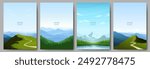 A set of posters with mountain landscapes. The path to the top of the mountain, alpine landscapes, dense forest, mountain lake.  The concept of travel, tourism, hiking in the mountains. Vector images.