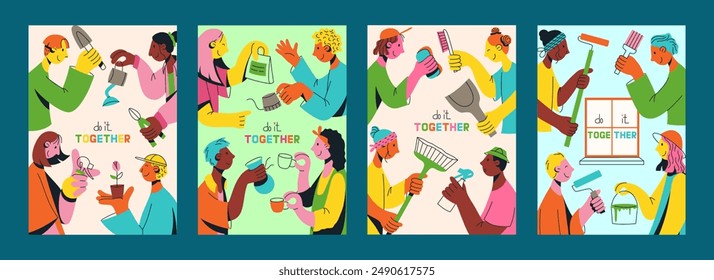 Conjunto de afiches con equipo multicultural de jóvenes de Ilustración vectorial plana. Unidad en la diversidad. Las Personas están haciendo algo juntas. Trabajos de reparación, jardinería, limpieza, elaboración de café. Multinacional