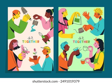 Set of posters with multicultural team of young people flat vector illustration. Unity in diversity. People are doing something together. Gardering and making coffee. Multinational society. Teamwork