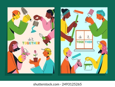 Set of posters with multicultural team of young people flat vector illustration. Unity in diversity. People are doing something together. Gardering and repairing. Multinational society. Teamwork