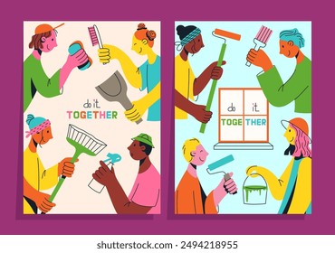 Set of posters with multicultural team of young people flat vector illustration. Unity in diversity. People are doing something together. Repair working and cleaning. Multinational society. Teamwork