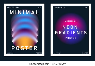 Set of posters for music party with gradient blurry spots. Neon ultraviolet lights on dark background.