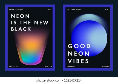 Set of posters for music party with gradient blurry spots. Neon ultraviolet lights on dark background.