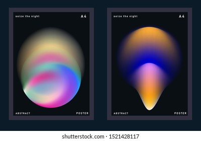 Set of posters for music party with gradient blurry spots. Neon ultraviolet lights on dark background.