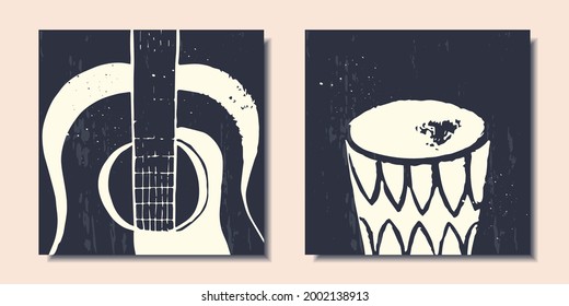 A set of posters. Musical instruments. Guitar and drum. Abstraction. Vector illustration.