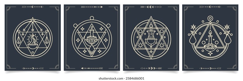 Set of posters with mystical sacred geometric symbols. Alchemy, occultism, philosophical cards. Illustration in boho style.