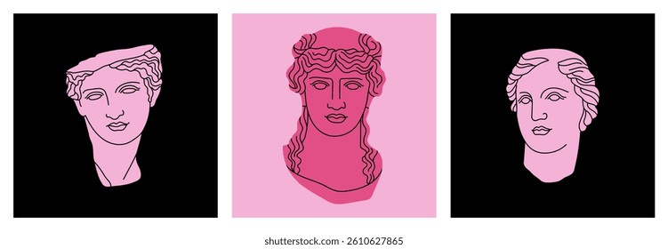 Set of posters with mythological heroes heads in marble. Ancient Greek or Roman sculpture style. Cute hand drawn vector illustrations. Museum and art concept.