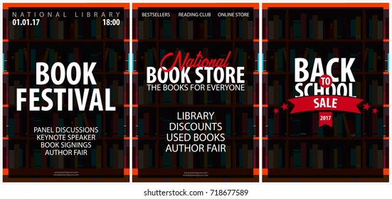 Set of Posters National Book Store, Festival. Book shelf or bookcase on the background