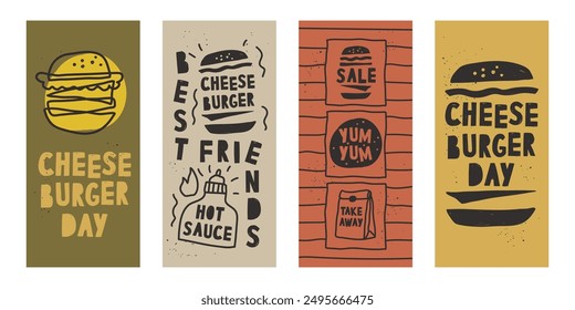 set of posters National Cheeseburger Day. banners for National Burger Day in retro, grunge style. Posters with muted colors. Post for social networks. Burger design concept vector art