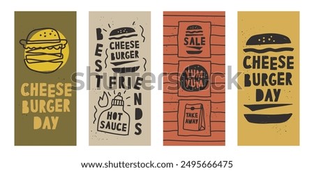 set of posters National Cheeseburger Day. banners for National Burger Day in retro, grunge style. Posters with muted colors. Post for social networks. Burger design concept vector art