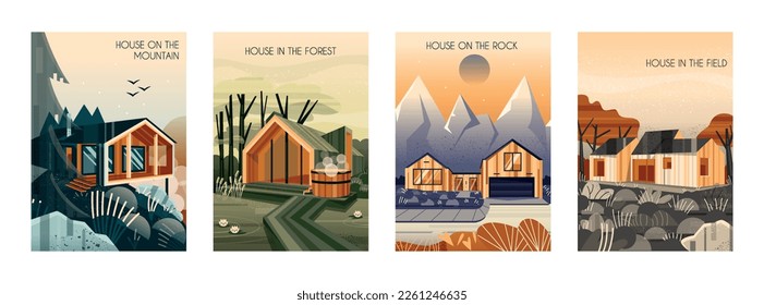 Set of posters with natural landscapes and houses. Building or apartment of modern architecture in mountains, forest, rocks and field. Cottage surrounded by wild nature. Cartoon flat vector collection