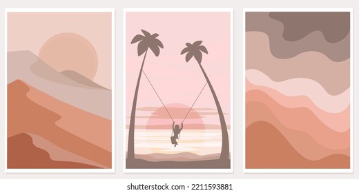 A set of posters with nature. A girl on a swing against the background of the sea and sunset. Mountains and the setting sun. Vector graphics.