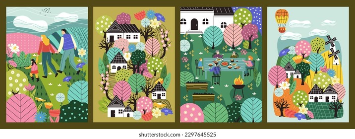 Conjunto de afiches con paisaje natural. panoramas dibujados a mano con paisajes rurales, caminatas familiares en campo verde y barbacoa en el patio trasero. Colección vectorial plana de dibujos animados aislada en fondo oscuro