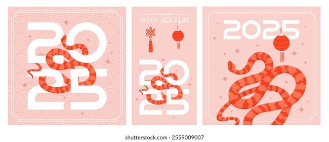 Set of posters for the new chinese year of the snake with a scaly pattern. Template of a greeting banner with an image of a wriggling snake. Cover for a calendar or a postcard. Vector illustration.