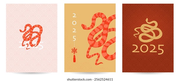 Set of posters for the new chinese year of the snake with a scaly pattern. Template of a greeting banner with an image of a wriggling snake. Cover for a calendar or a postcard. Vector illustration.