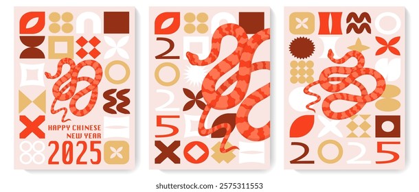 Set of posters for the new Chinese year of the snake with abstract elements. Template of a greeting banner with an image of a wriggling snake. Cover for a calendar or a postcard. Vector illustration.