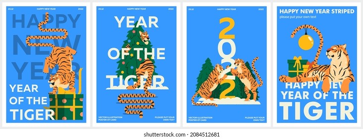 Set of posters for the New Year and Merry Christmas. Postcard, cover or invitation to the nativity festival. Vector illustration of a tiger in the Chinese calendar